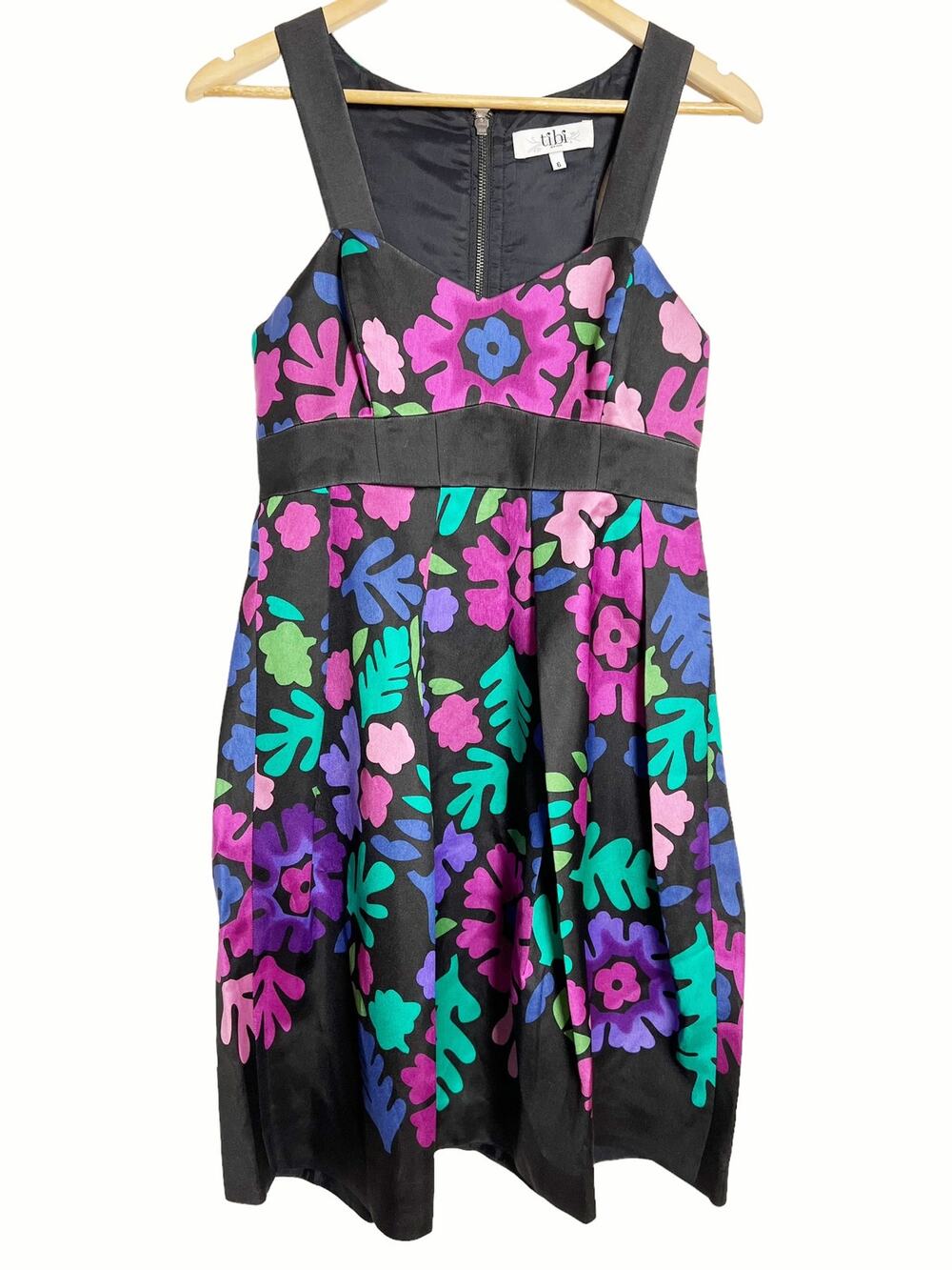 Tibi Black Floral Print Wool Silk Sleeveless Knee Length Cocktail Dress Size 6